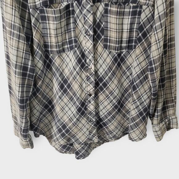Free People Plaid Pearl Snap Button Oversized Shirt Sz Large Boho Western Grunge - Picture 3 of 12